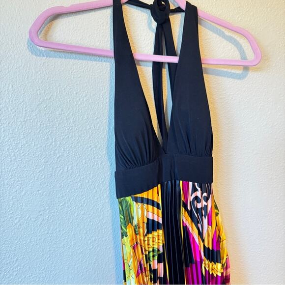 Cache Vintage Y2K Halter Maxi Dress Womens 2 Silk Pleated Mixed Print Rivera - Picture 4 of 13
